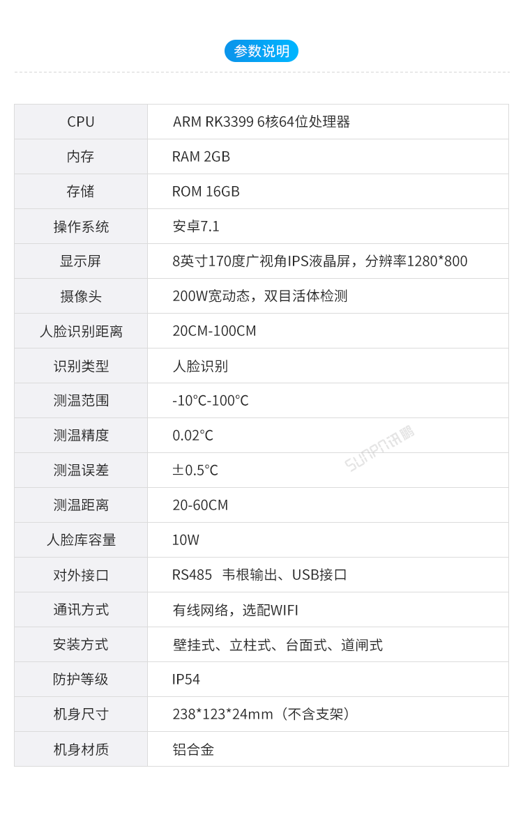 人臉識別測溫一體機參數(shù)說明