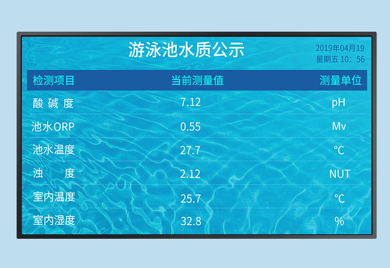 水質(zhì)監(jiān)測(cè)顯示系統(tǒng)_泳池水質(zhì)監(jiān)測(cè)牌_解決方案